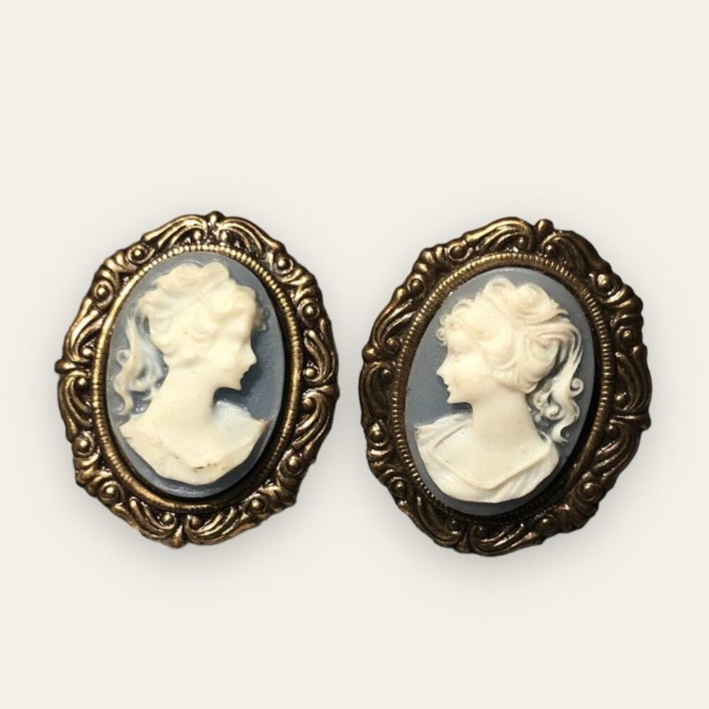 Vintage Female Cameo Portrait Clip On Earrings